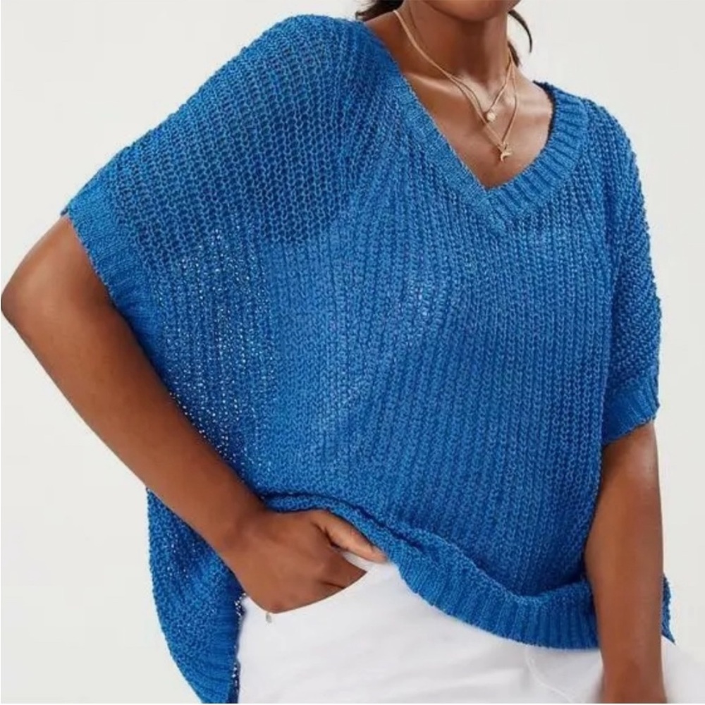 ❤️💜💙💛 Tommy Bahama Marlina Blue Tape Yarn Open Knit V-Neck Sweater Small